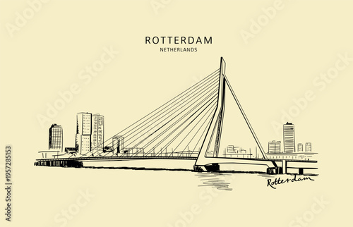 Rotterdam Erasmus Bridge and Skyline Sketch with Water Reflection Netherlands cable-stayed bridge