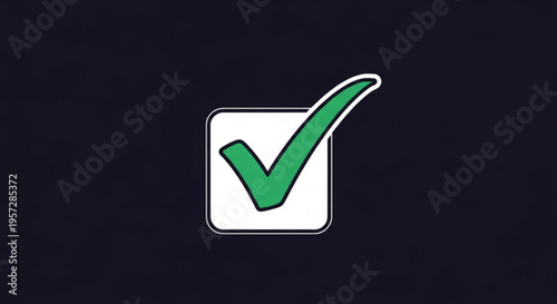 Green checkmark symbol in white box on dark background confirmation icon verified sign approval mark