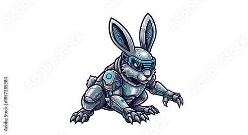 A sleek, silver robotic rabbit with glowing blue cybernetic goggles and intricate circuit patterns prepares to pounce, showcasing advanced technology.