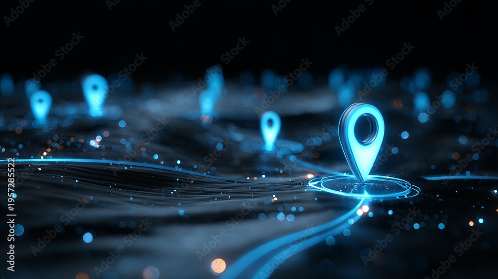 Obraz premium A futuristic digital map with glowing blue location pins and lines on a dark background