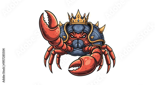 A formidable king crab, clad in royal armor and a golden crown, raises a powerful claw, ready to assert its dominance in the aquatic realm.