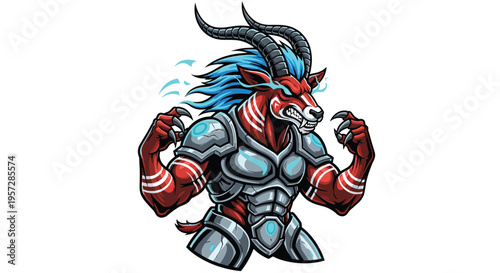 A fierce red gazelle warrior with powerful blue horns, glowing eyes, and protective armor stands ready for combat, embodying strength and primal aggression.