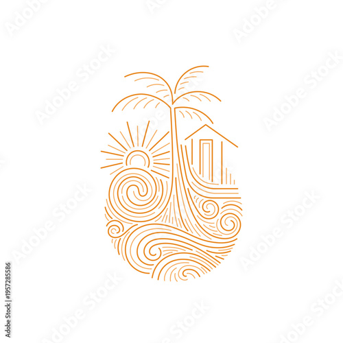 Circular sun emblem rising above sea waves and palm silhouettes. Vector beach badge ideal for tropical island resort, summer vacation branding or coastal hotel graphic with geometric outline style