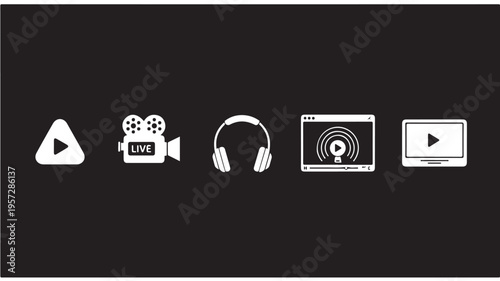 Social Media Live Streaming Icons On Black Background For Online Video Concepts