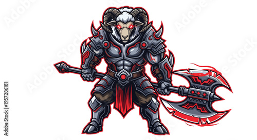 A formidable armored ram warrior, wielding a sharp, dual-bladed axe and encased in menacing red and grey armor, stands ready for epic battle.