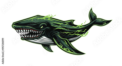 A menacing dark whale, emanating glowing green toxic fumes from its mouth and body, displays razor-sharp teeth, embodying a dangerous, mutated sea monster.