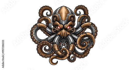 A menacing steampunk octopus, intricately designed with bronze and silver gears, glowing red eyes, and a robust mechanical head, unfurls its powerful tentacles.