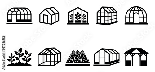 Set of simple black and white icons representing various greenhouse structures and growing plants for agriculture and gardening concepts.