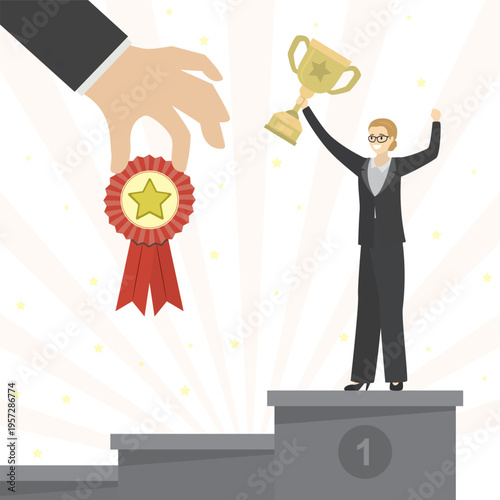 Happy caucasian businesswoman or office worker standing on podium. Successful employee with winner cup. Big hand gives medal. Award ceremony for winner. Quality mark with star.