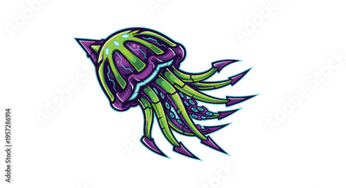 A futuristic jellyfish with glowing green and purple technological patterns, sharp tentacle tips, and a sleek design drifts through the water.