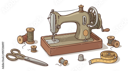 Detailed illustration of a retro sewing machine surrounded by essential tailoring tools and thread spools, perfect for crafting and DIY projects