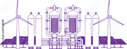 Green Hydrogen Production Factory Concept, Line Art Vector Illustration