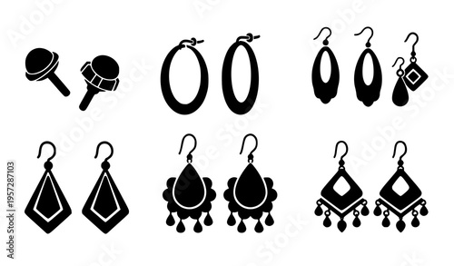 Black earrings vector icon pack with fashion jewelry silhouette designs