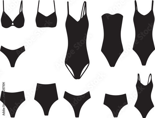 set of black swimwear and lingerie flat design vector illustration on white background