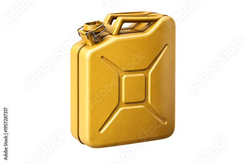 Yellow metal fuel jerry can container isolated on transparent background