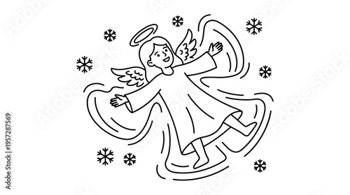 Young Girl Making Snow Angel with Snowflakes in Winter