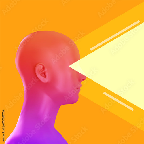 Profile view of pink gradient human head with bright yellow light beam projecting from eyes. Vivid fashion surreal art.