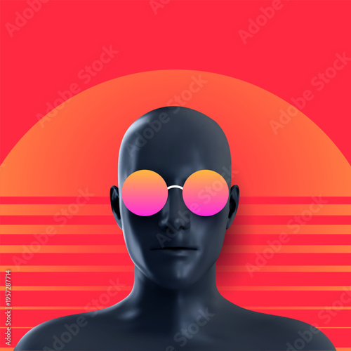 Minimalist 3D portrait of dark mannequin wearing round gradient sunglasses against retro sunset background. Abstract vivid fashion surreal art.