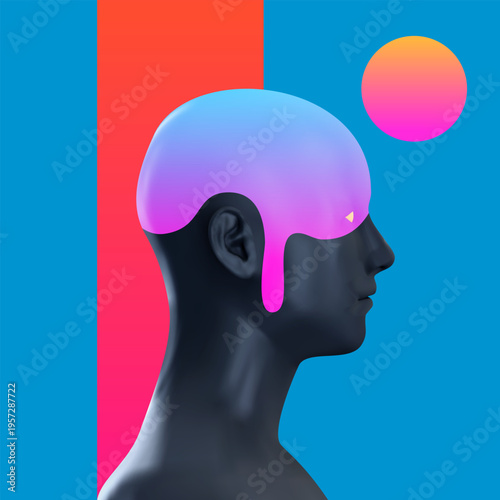 Abstract profile of dark human head with melting purple liquid top on geometric blue and red background. Vivid fashion surreal art.