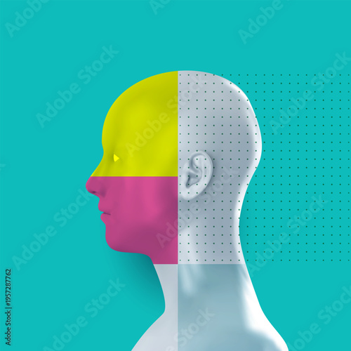 Profile of human head divided into colorful geometric quadrants with dotted pattern texture. Abstract vivid fashion surreal art.