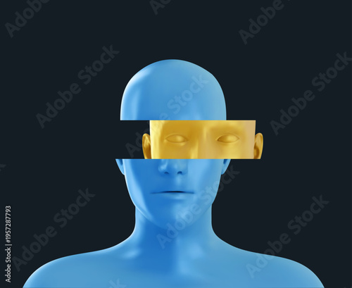 Frontal blue human head sliced horizontally to reveal golden inner face and core. Abstract vivid fashion surreal art.