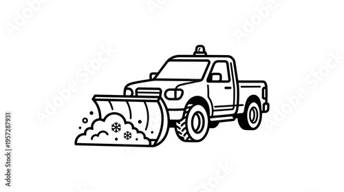 Black And White Line Drawing Of A Snow Plow Truck Clearing Snow