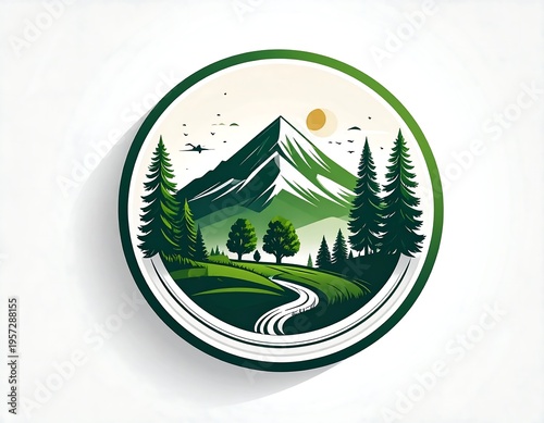 Circular emblem of a serene mountain landscape.  A  rounded shape shows a mountain peak, lush evergreen forest, and winding path.  Soft green tones, with a light sun