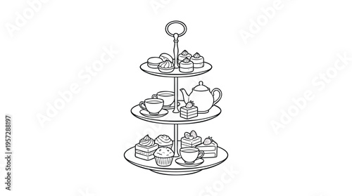 Three-tiered stand with sweet treats, cupcakes, macarons, and a tea set. Line art illustration of an afternoon tea party setup