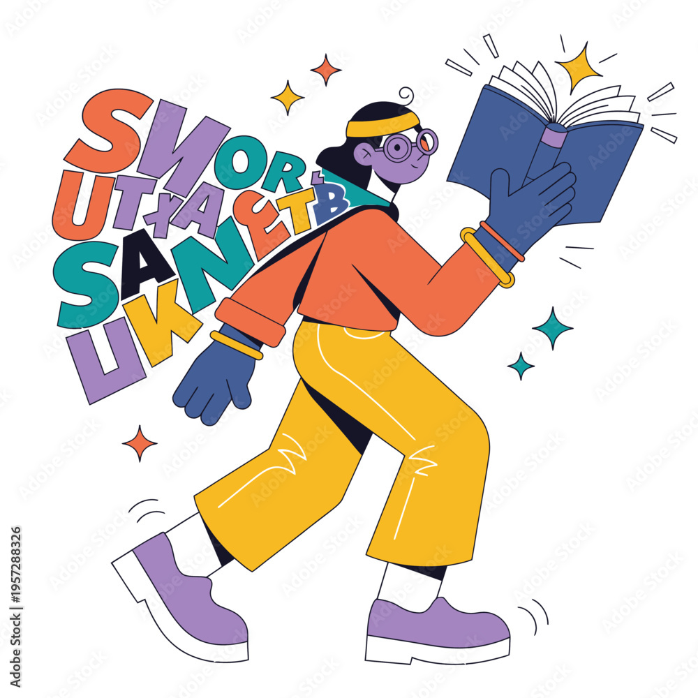 Fototapeta premium Illustration of a person with glasses and a purple headband, wearing an orange jacket and yellow pants, holding an open book and walking