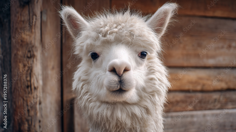 Fototapeta premium A cute white alpaca looks directly at the camera.