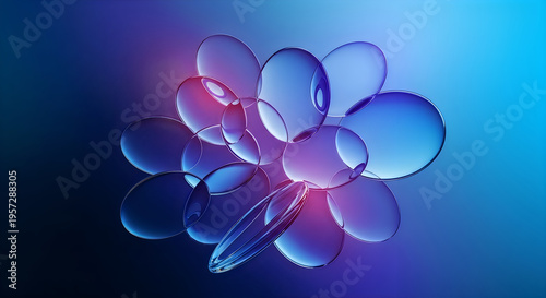 Abstract arrangement of translucent bubbles with vibrant blue and red lighting effects high-quality professional detailed