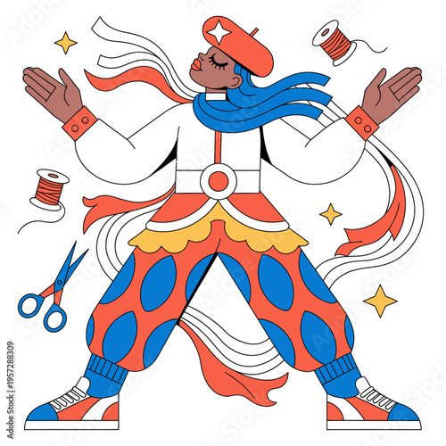 Vibrant illustration of a fashion designer or crafter, radiating creativity and skill amidst sewing tools and textile elements, a celebration of handmade art
