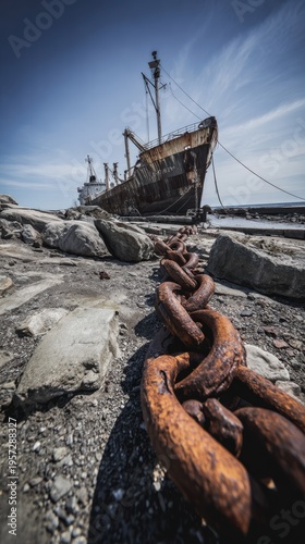 Rusty shipwreck chain leading to a derelict cargo ship on a rocky shore anchor boat