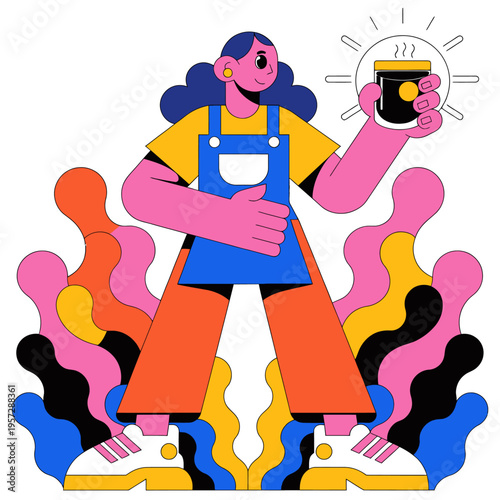 Bold and vibrant vector illustration of a cheerful female barista holding a steaming cup of freshly brewed coffee, surrounded by dynamic abstract shapes, capturing a lively cafe atmosphere