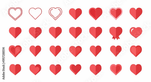 A collection of various heart shapes and sizes in red and pink hues arranged in rows on a white background.
