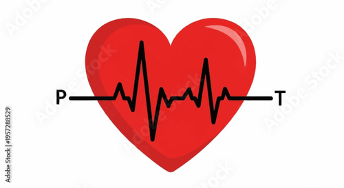 A medical illustration of a red heart with an electrocardiogram line through it on a white background for health and wellness purposes with heart.