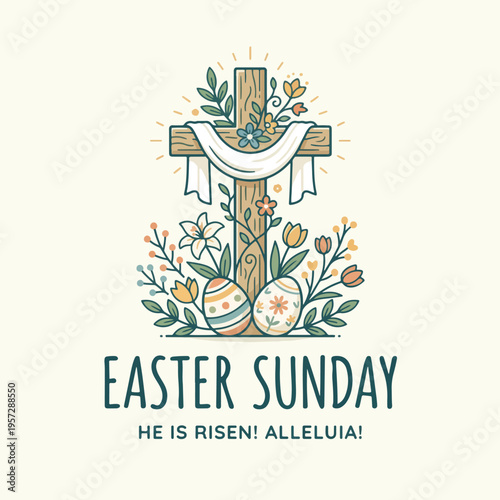 Easter Sunday Vector Illustration with Christian Cross, Spring Flowers, and Decorated Eggs on White Background