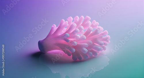 A surreal digitally rendered pink form resembling a blossoming flower or coral set against a gradient background