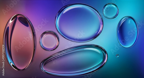 Abstract composition of iridescent bubbles against a gradient purple and blue background high-quality professional detailed