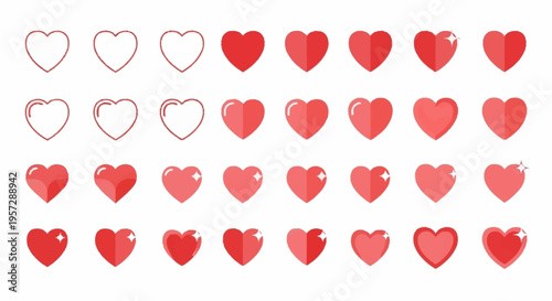 A collection of various red heart shapes and sizes are displayed.