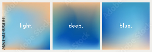 Set of 3 soft gradient square backgrounds in blue, cyan and sandy beige tones. Smooth elegant color transitions. Light airy texture. Minimal modern abstract backdrops for social media posts, covers