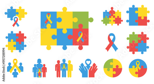 Autism awareness ribbons and puzzle pieces representing neurodiversity and support