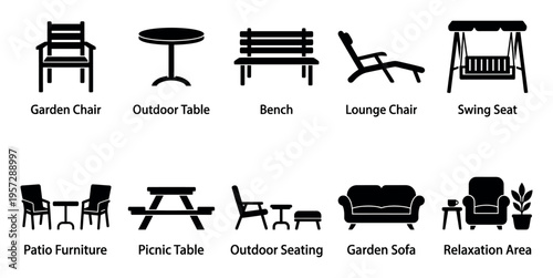 Collection of black silhouette icons representing various outdoor furniture items like chairs, tables, benches, swings, and seating arrangements on a white background.