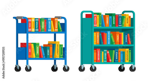 Two colorful book carts filled with diverse reading materials are displayed