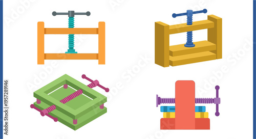 Four colorful illustrations of various clamping tools and woodworking vises