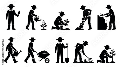 A collection of black silhouette icons showing gardeners performing various tasks like planting, watering, digging, raking, and pruning in a garden.