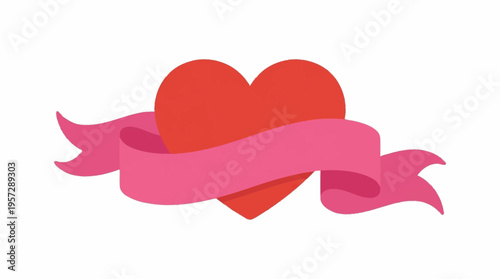 A vibrant heart wrapped with a flowing pink ribbon symbolizes love.