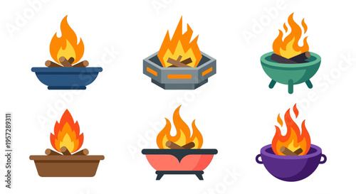 Colorful illustration of various fire pits and burning flames