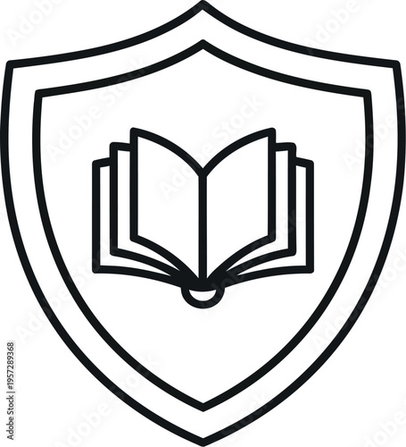 Simple black outline icon representing educational protection concept with an open book centered inside a classic shield shape signifying safety.