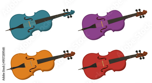 Four colorful cartoon violins arranged in a square grid pattern